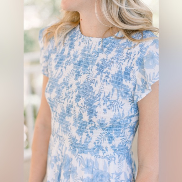 Anthropologie By the River Blue Floral Smocked Tiered Midi Dress M Cottagecore - Picture 3 of 13
